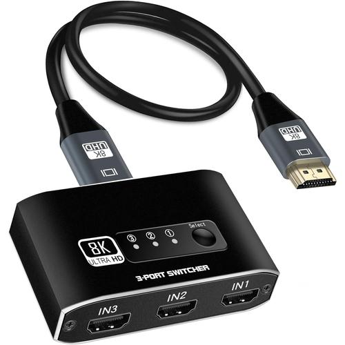 Commutateur HDMI 2.1 en aluminium 8K @ 60Hz HDMI Switch 3 en 1 Out, 3 ports HDMI Switch Selector, prend en charge 4K @ 120Hz, Ultra HD, 4K HDMI Switch pour consoles de jeux, Fire Stick