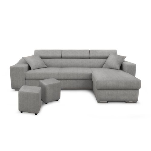 Canapé D'angle Elona Convertible En Tissu - Gris Clair, Position Du Rangement Poufs - Gauche