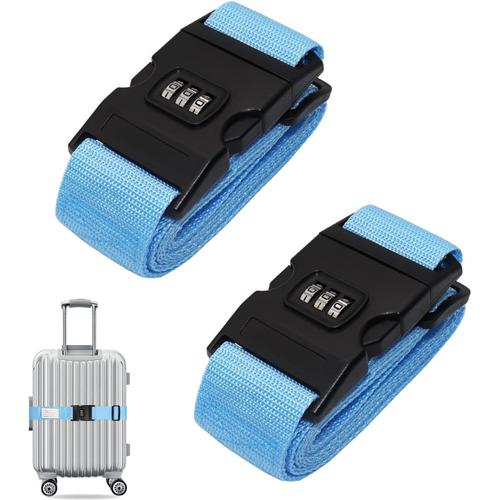 Lot de 2 sangles de valise avec serrure, bleu clair, r¿¿glables - Pour valises, bagages, sac de voyage