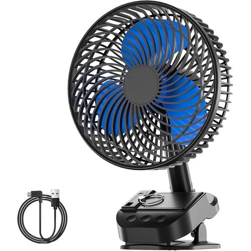 Ventilateur USB de Clip, 10000 mAh Rechargeable Batterie Ventilateur, 5 Vitessesc Camping Ventilateur, Rotation multi-angle, Minuterie, Avec clip et crochet pour B¿¿b¿¿ Poussette, Bureau