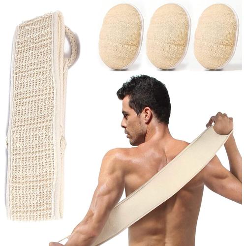 Kit Bande Exfoliante Pour Le Dos En Sisal, 1pcs Sangle Lave Dos, 3pcs ¿¿Ponge De Luffa Naturel, Eponge Exfoliante Dos En Chanvre Naturel 1 Face Sisal Et 1 Face Coton Doux Pour Femmes Et Hommes 