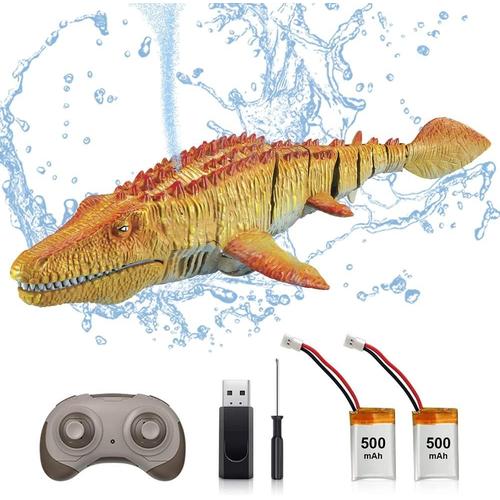 Bateaux Telecommander Mosasaure Shark, 2.4GHz Jouet RC Bateau avec Requin, Rechargeables Boat Simulation de Mosasaure Nageant avec Jet d'eau, Jouets Aquatiques pour Cadeau Enfants (2 Batteries)