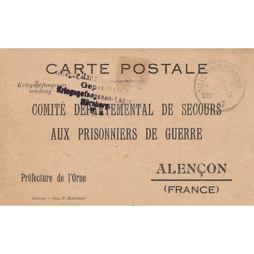 Comité Départemental De Secours Aux Prisonniers De Guerre, Préfecture De L'orne (Alençon) Accusé De Réception 1917 D'émile Leseigneur 104ème Régiment Infanterie Ri