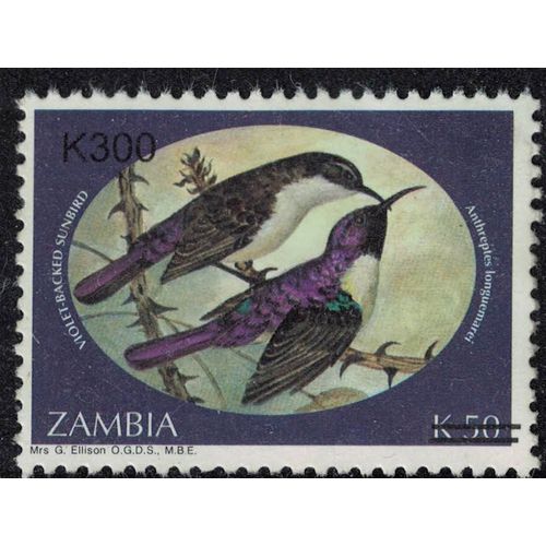 Zambie 2002 Used Surchargé Oiseaux Anthreptes Longuemarei Souimanga Violet
