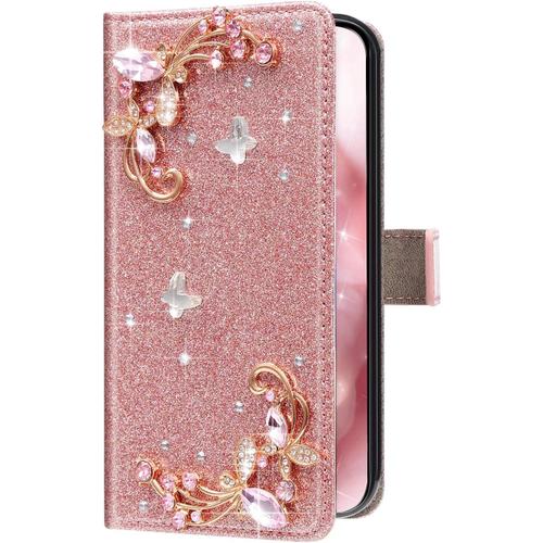 Compatible Avec Iphone 11 Pro Max 6.5 Coque En Cuir Housse Protection Glitter Bling Paillettes Strass Diamant Fleur Papillon Flip Wallet Cuir Pochette Portefeuille ¿¿Tui ¿¿ Rabat Coque,Rose Gold