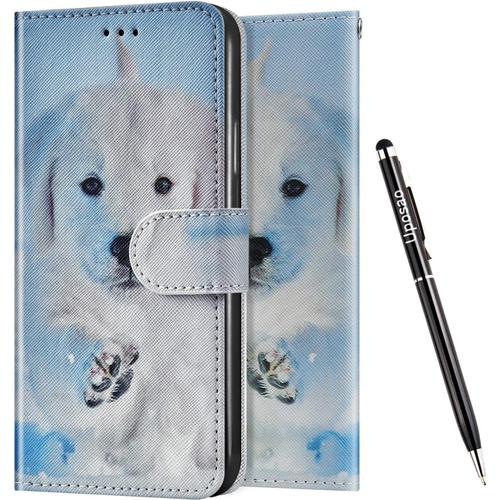 Coque Pour Samsung Galaxy J3 2017 Etui ¿¿ Rabat En Cuir Pu Housse Coque Portefeuille,Dessin Imprim¿¿ Motif Color¿¿ Coque Fermeture Magn¿¿Tique Carte Slots Support Folio Flip Case Cover,Chien Blanc