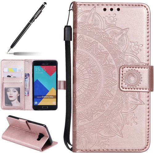 Housse Etui Samsung Galaxy A5 2016 Coque En Pu, Flip Cover Case Bumper Coque De Protection Pochette Portefeuille En Cuir ¿¿ Rabat Clapet ¿¿Tui Mandala Ultra Slim Coque Galaxy A5 2016,Rose Gold