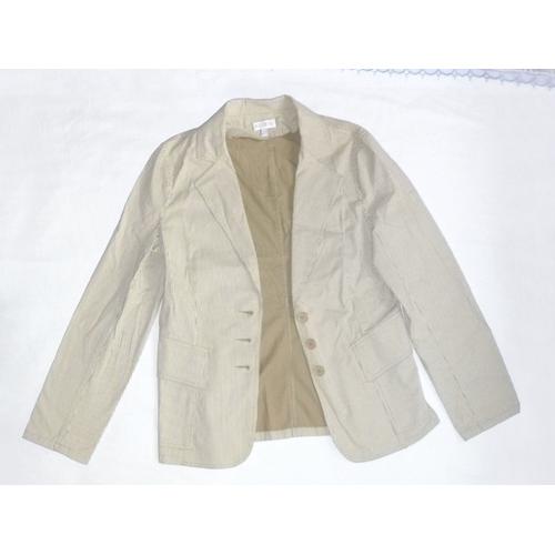 Veste Tailleur Blazer Chic Écru Blanc Cassé Rayé Beige - Coton, Élasthanne - 2 Poches À Rabat Devant - Taille 40