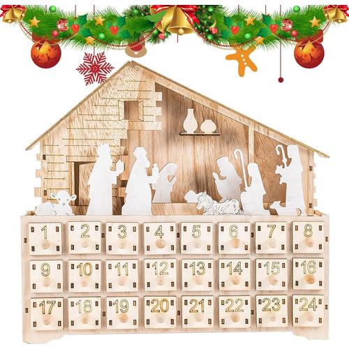 Calendrier de l'Avent du compte à rebours de Noël - Décoration du compte à rebours de la scène de la Nativité - Calendrier de l'Avent en bois Scène de la Nativité pour décoration de Noël