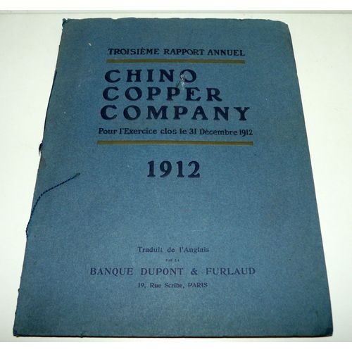 Chino Copper Company, Troisième Rapport Annuel 1912, Mines Comté De Grant, New-Mexico, Nouveau Mexique