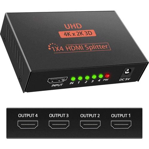 Splitter HDMI 1 IN 4 OUT 3D 4K 1080P Splitter distributeur HDMI 1 x 4 HDCP 1.4 Amplificateur de distribution HDMI avec câble USB Compatible avec PC PS3 HDTV Projecteur Blu-ray DVD, etc