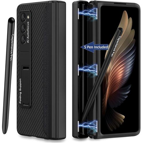 Coque Pour Samsung Galaxy Z Fold 2 Avec S Stylet, [S-Pen Porte Stylo] [Béquille] Coque De Protection En Cuir Anti-Chocs Pour Samsung Z Fold 2 (Noir De Carbone)