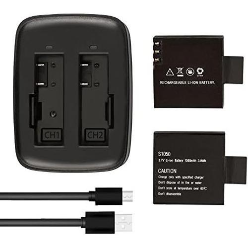 Batterie Caméra Sport, 2 × 1050 mAh Batterie Rechargeable, avec Chargeur Micro USB Double Trou, pour Caméra d'action V50 Elite