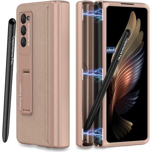 Coque Pour Samsung Galaxy Z Fold 2 Avec S Stylet, [S-Pen Porte Stylo] [Béquille] Coque De Protection En Cuir Anti-Chocs Pour Samsung Z Fold 2 (Brouillard Or)