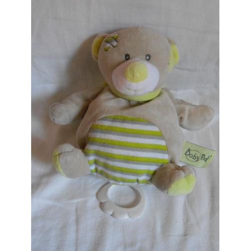 Doudou Ours Musical Baby Nat' Vert Gris Blanc Taupe Pansement Rayé Pantin Babynat Boite A Musique Echarpe