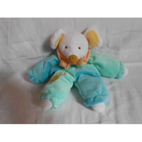 Doudou Souris Babynat Bleu Vert Col Orange Pyjama Babygro Oreille Jaune Baby Nat