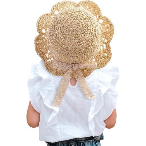 Chapeau Paille pour Fille Chapeau Soleil D'été pour Enfant avec Noeud Chapeau Protection Solaire Pliable pour 2-6 Ans