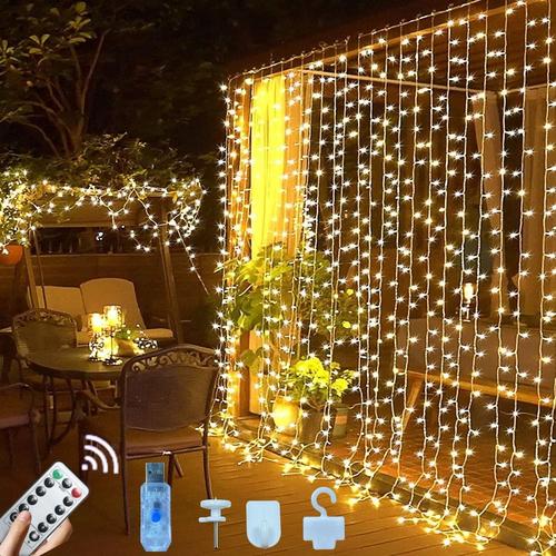 rideau lumineux,mise à niveau 3x3m 300LED USB string rideau 8modes avec télécommande à 10 crochets et minuterie,pour mur de Noël chambre à coucher décoration intérieure et extérieure