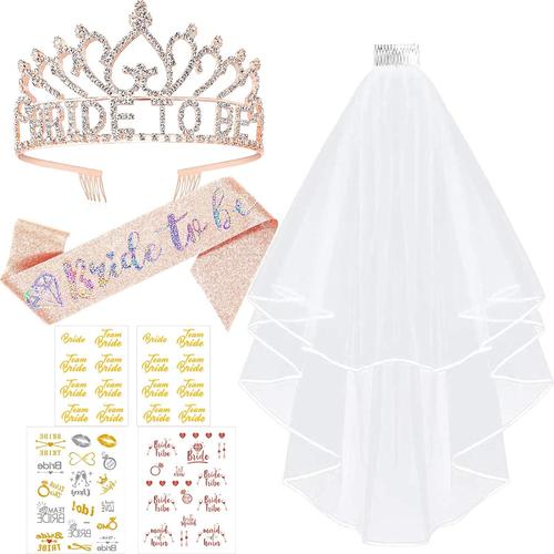 EVJF Accessoire,Enterrement de Vie de Jeune Fille,Kit EVJF avec Future Mariée Or Rose Brillante Echarpe,4PCS Tatouage avec Équipe Brides et La Mariée,Voile,Strass Diadème,Idée Cadeau EVJF pour EVJF