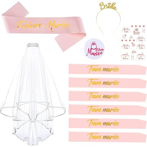 Enterrement de Vie de Jeune Fille Accessoire, Kit EVJF Accessoire, Kit Écharpe pour EVJF, Écharpe Future Mariée et Team Bride, Voile, Badge Future Mariée, Bandeau Diadème, Tatouage (or rose)