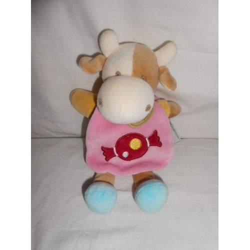 Doudou Cape Vache Cerise Avec Bonbon Doudou Et Compagnie Rouge Rose Col Bleu Jaune 22cm