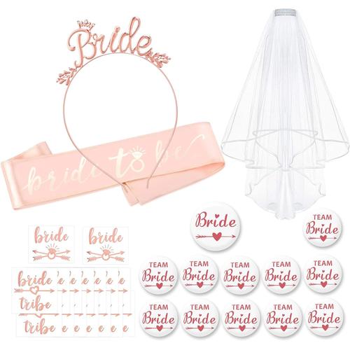 31 Pcs Kit Evjf Accessoire, Evjf Echarpe Future Mariée, Bride To Be Bandeau Diadème, Voile Mariée Blanc, Tatouages, Badge Evjf Pour Déguisement Enterrement De Vie De Jeune Fille Accessoire