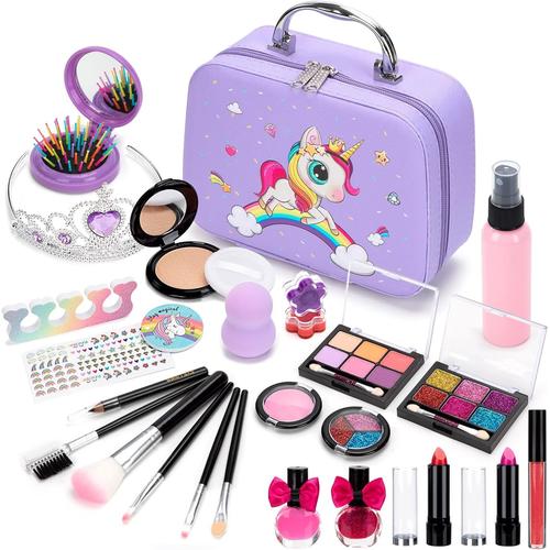 Kit De Maquillage Pour Enfants Fille, Lavables Véritable Ensemble De Maquillage Jouets Beauté Avec Cosmétique Sac Pour Prétend Enfants Rôle Jouer Cadeau Pour 3 4 5 6 7 8 9 10 Ans