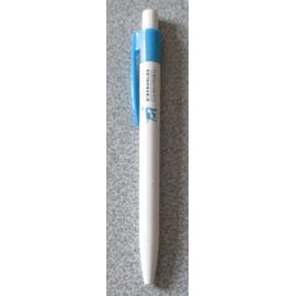 Stylo À Bille Rétractable Marqué Chiens Guides D'aveugles Avec Mini Silhouettes De Chiens - Plastique Blanc - Garniture Plastique Bleue - Ecriture Bleue