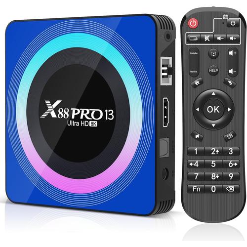 Android 13.0 TV Box, X88 Pro 13 Android Box avec 4 Go RAM 64 Go ROM RK3528 Quad-Core Support WiFi6 2.4Ghz/5.0Ghz 8K HD BT 5.0 H.265 Décodage Smart TV Box