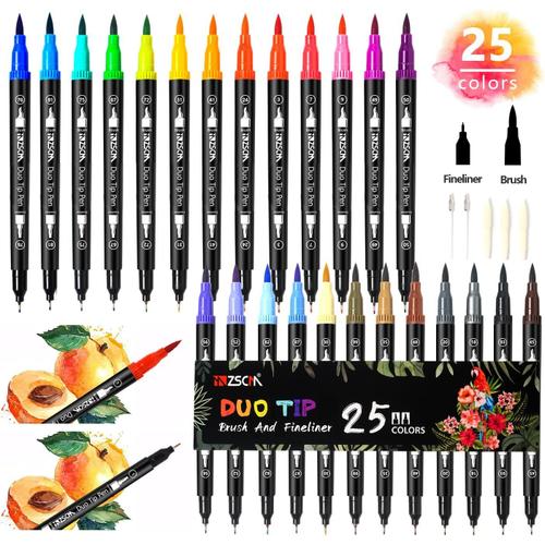 25 Couleurs Feutres À Pointe Pinceau Avec Marqueurs Aquarellables Double Pointe Fine Fineliner Plumes Pour Adulte Livres De Coloriage, Bullet Journal, Calligraphie Et Dessins, Croquis¿