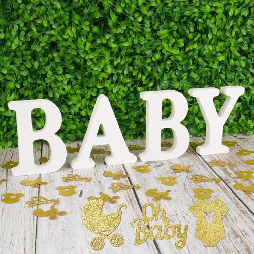 4 Lettres en Bois Baby Ornement Blanc et Lot de Confettis Or Oh Lettres Baby Décorations Baby Shower pour Fête de Naissance Fille Garçon Anniversaire Communion Baptême Décoration Accessoires Cadeau