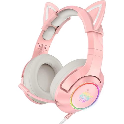 Casque De Jeu Rose Avec Oreilles De Chat Amovibles, Convient Pour Ps4, Ps5, Xbox One (Sans Adaptateur), Pc, Son Surround, Lumière Led Rvb Et Microphone Télescopique À Annulation De Bruit