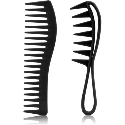 2 Pièces Peigne À Dents Larges, Grand Peigne Démêlant Pour Hommes Femmes Coiffure Antistatique Brosse À Cheveux Coiffage Coupe Barbier Pour Cheveux Bouclés Longs Secs Et Humides (Noir)