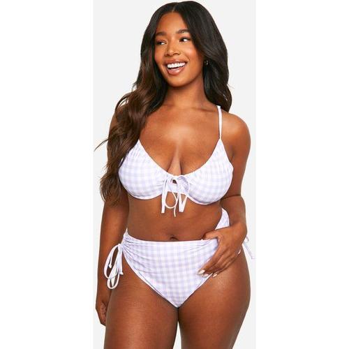 Plus Gingham Ruched Side High Waisted Bikini Brief - Lilas - 18