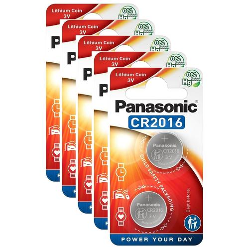 Panasonic Lot de 5 Blisters de 2 Piles Bouton CR2016 Lithium 3 V