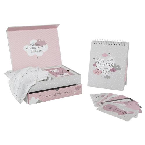 Coffret Naissance Avec Lange, Cartes Étapes Et Album Photos Rose