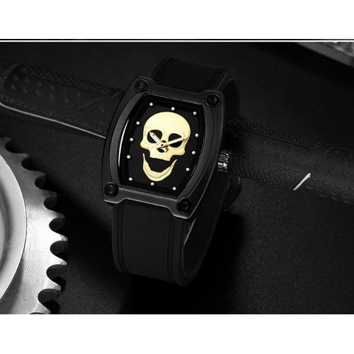 Montre Quartz De Luxe-Fond De Cadran Avec Crâne Tête De Mort En Relief Or