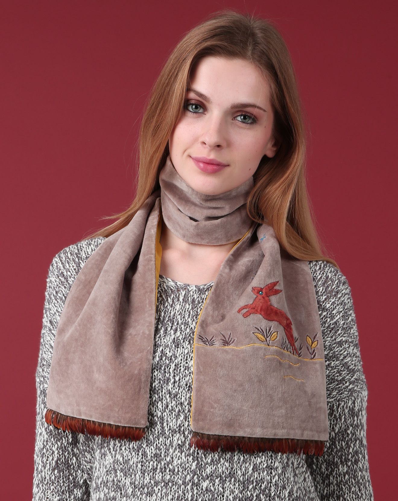 Foulard Lapin En Velours De Coton Taupe/Jaune 20x130 Cm