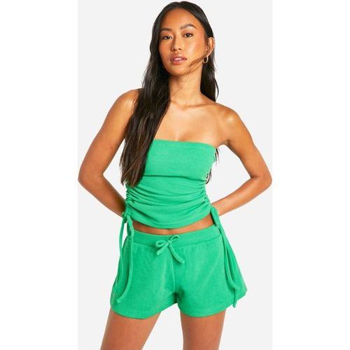 Waffle Ruched Tie Side Bandeau Top And Short Set - Vert - S