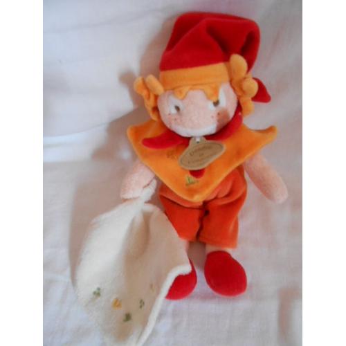 Peluche Clown Doudou Et Compagnie Musicien Notes De Musique Petit Mouchoir Carre Blanc Jaune Orange Col Bonnet Rouge