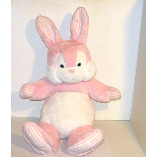 Lapin Tartine Et Chocolat Geant Peluche Gros Doudou Lapin Rose Blanc Assis 60 Cm + 20 Cm D'oreilles Vintage