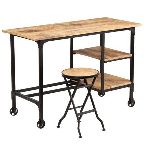 Vidaxl Bureau Avec Tabouret Pliant Bois De Manguier Massif 115x50x76cm