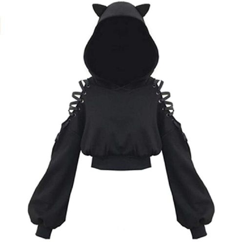 Envoie De France Capuche Sweat Pull Veste Haut Polaire Mi Saisons Punk Rock Gothique Noir Boucle Poche Chat Nuit Noir Oreille Lacet Ruban