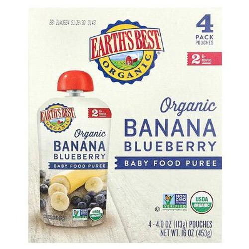 Earth's Best Purée D'aliments Biologiques Pour Bébés, 6 Mois Et Plus, Banane Et Myrtille Américaine, 4 Paquets De 113 G Chacun