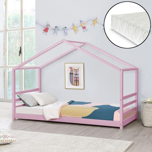 Lit D'enfant Design Maison Avec Matelas Lit Cabane Avec Sommier À Lattes Pin Contreplaqué Mousse À Froid Housse 100% Polyester Rose 90x200cm [En.Casa] [Neu.Haus]