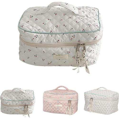 Cotton Makeup Bag Large Travel Cosmetic Bag Quilted Cosmetic Pouch, Coquette Aesthetic Floral Toiletry Bag, Portable Cute Beauty Case Floral Print Large Capacity for Ladies. (White)