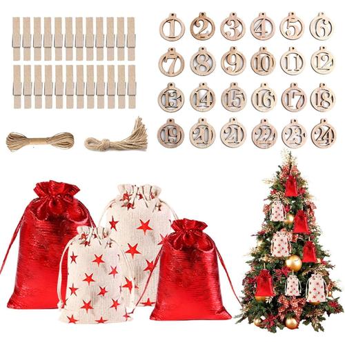Sacs de l'| Kit de sacs en toile de jute avec calendrier de compte à rebours de Noël 24 jours | Sacs-cadeaux de jouets de Noël pour enfants et adultes, faveurs pour la décoration murale de la