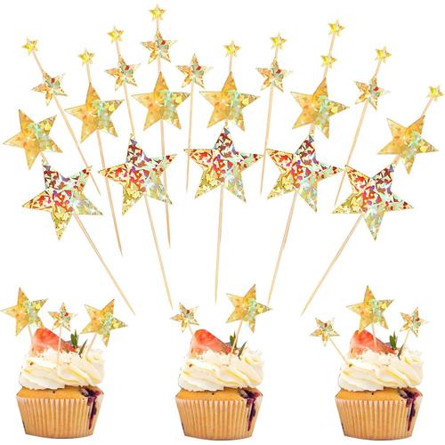 Lot de 35 décorations de cupcakes en forme d'étoile scintillante à paillettes dorées pour décoration de gâteaux, collations, cupcakes pour fête d'anniversaire, mariage, fête prénatale