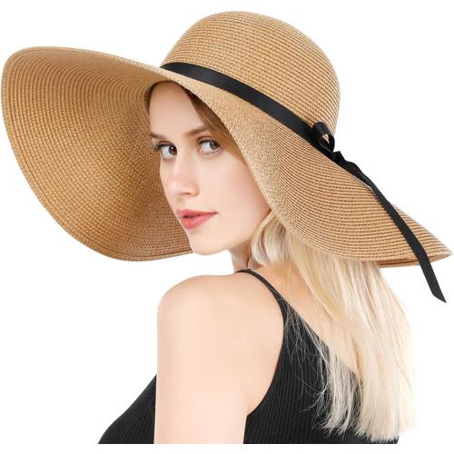 Chapeau de paille à large bord pour femme - Pliable - Grand chapeau de plage - UPF 50+