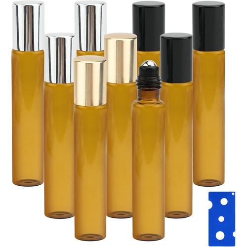 Bouteilles Vides Avec Rouleau,9 Pcs Bouteilles À Rouleaux,Flacons De Voyage,10ml Bouteille À Bille D'huile Essentielle,En Verre Vide Rechargeable,Distributrice Transparente Marron,Plus 3 Décapsuleurs